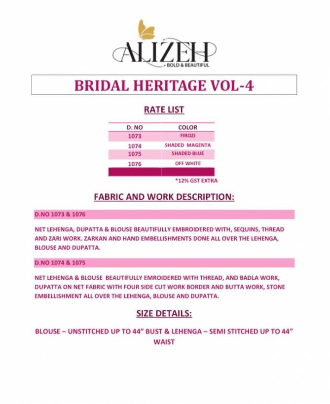 Bridal Heritage Vol 4 By Alizeh 1073 To 1076 Lehenga Choli Wholesale Market In Surat